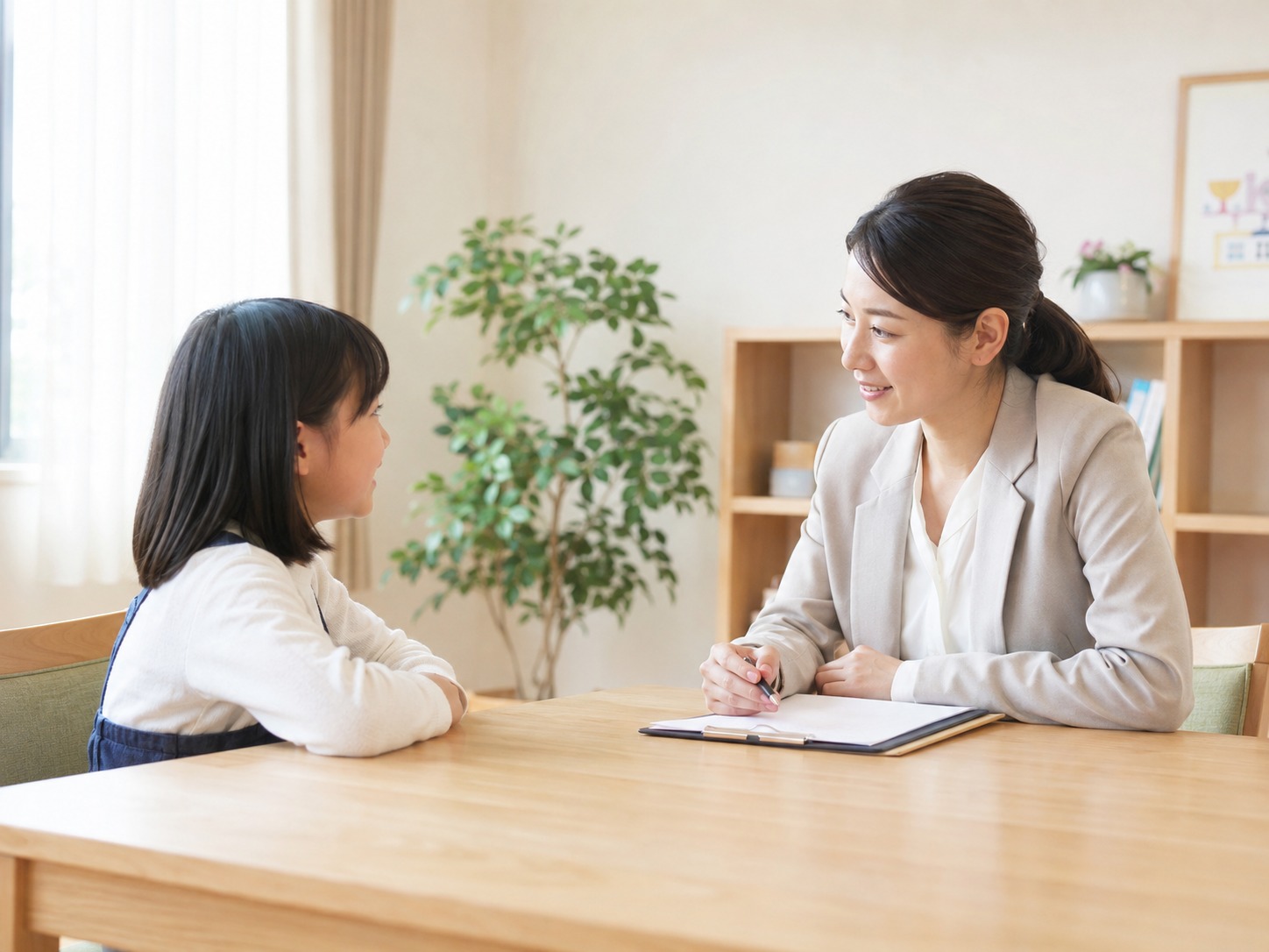 子どもと支援者が落ち着いて向き合って話している相談場面